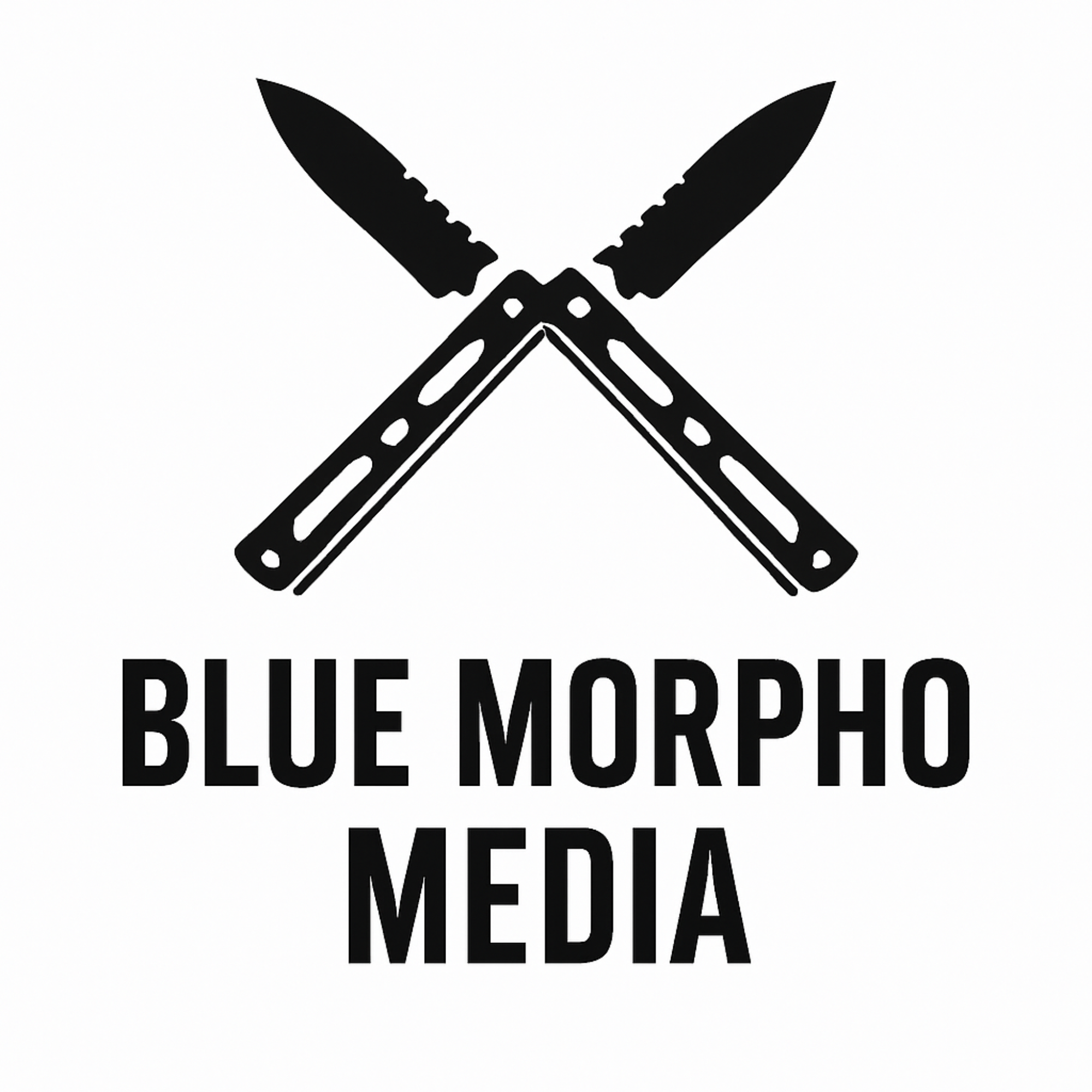 Blue Morpho Media logo: 2 butterfly knives B&W